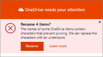 لقطة شاشة للإعلام "إعادة تسمية" في تطبيق مزامنة سطح المكتب من OneDrive