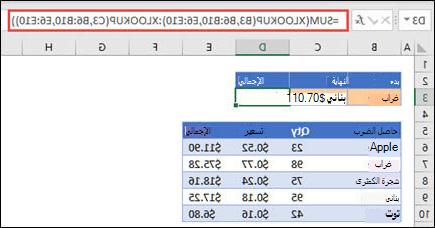 استخدام XLOOKUP مع SUM لإجمالي نطاق من القيم التي تقع بين تحديدين