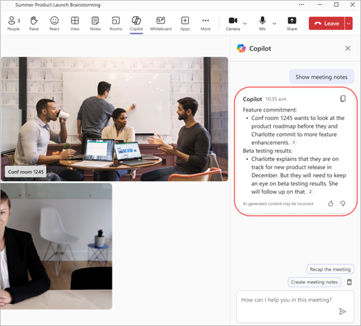 لقطة شاشة تعرض ملاحظات الذكاء الاصطناعي من اجتماع غرفة Microsoft Teams حيث لم يقوم بعض المشاركين بإعداد التعرف على المتحدث.