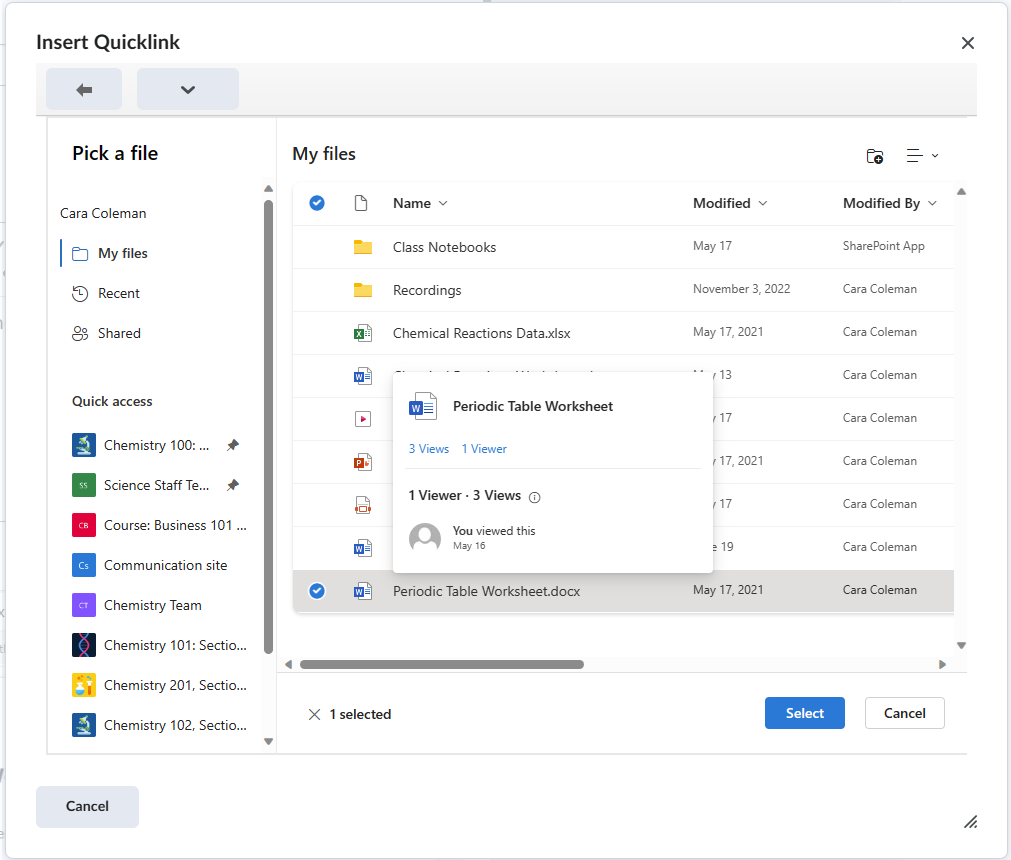 تضمين ملف OneDrive في محرر Brightspace باستخدام الزر إدراج ارتباط سريع.