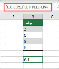 Excel الدالة PERCENTILE لإرجاع القيمة المئوية الثلاثين لنطاق معين باستخدام =PERCENTILE(E2:E5,0.3).