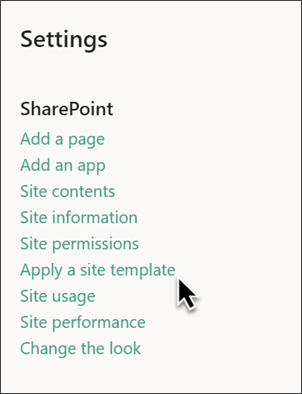 صورة للوحة إعدادات SharePoint مع تمييز تطبيق قالب الموقع