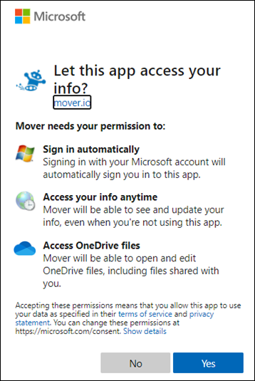 صورة Mover تطلب الإذن لتسجيل الدخول وتحرير الملفات.
