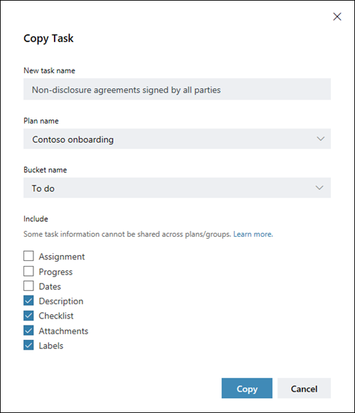 لقطة شاشة: إظهار مربع الحوار COPY TASK. يتم إيقاف تشغيل عناصر التعيينات والتقدم والتواريخ بشكل افتراضي.