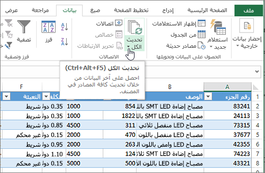 جدول بيانات Excel مع تمييز قائمة مستوردة وزر تحديث الكل.