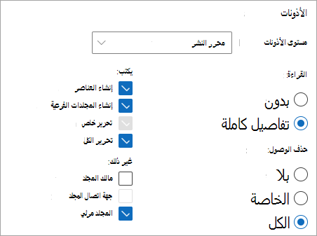 لقطة شاشة تعرض محرر النشر المحدد كمستوى إذن