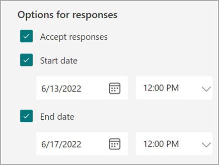 لقطة شاشة لإعدادات النموذج/الاختبار حيث يمكن للمستخدمين تعيين تاريخ بدء وانتهاء للاستجابات.