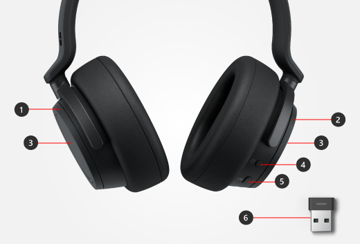 الأزرار والأواسط على سماعات رأس Surface Headphones بالإضافة إلى Surface USB Link