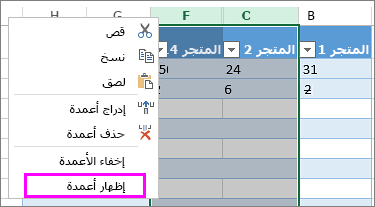 إظهار الأعمدة في إكسل Excel