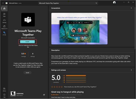 تثبيت عنصر واجهة مستخدم Microsoft Teams Play Together من Microsoft Store.