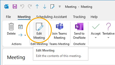 الزر "تحرير الاجتماع" تخصيص الشريط في Outlook