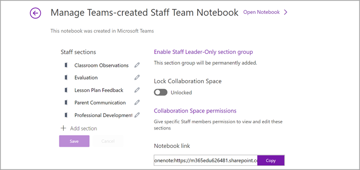 لقطة شاشة لصفحة إدارة إعداد دفتر ملاحظات فريق العمل في OneNote.