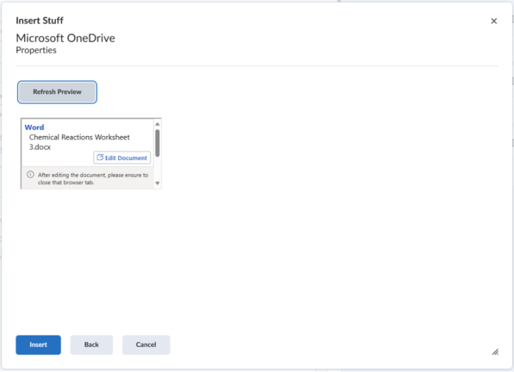 تضمين ملف OneDrive في محرر Brightspace باستخدام الزر إدراج محتويات.