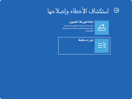 لقطة شاشة ل Windows RE - استكشاف الأخطاء وإصلاحها.