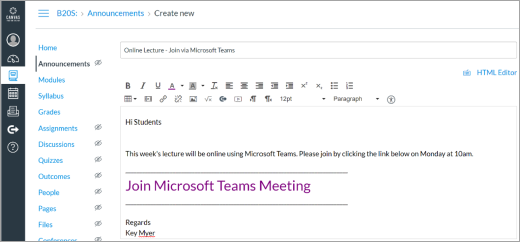 ارتباط Microsoft Teams في منشور Canvas