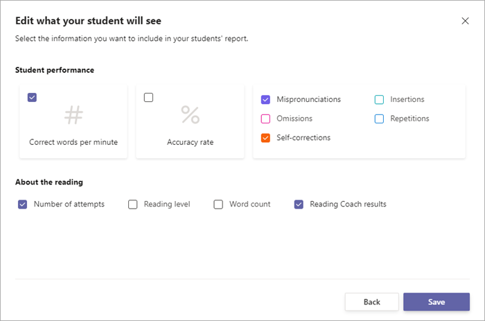 لقطة شاشة لخيارات العودة إلى الطالب. يمكن استخدام خانات الاختيار لتقليل كمية البيانات التي يتم إرجاعها إلى الطالب.