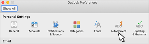 زر التصحيح التلقائي في Outlook for Mac