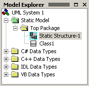 يعرض Model Explorer محتويات نظام UML في طريقة عرض الشجرة الهيكلية