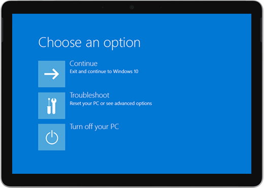 شاشة زرقاء مع خيارات للمتابعة أو استكشاف الأخطاء وإصلاحها أو إيقاف تشغيل الكمبيوتر الشخصي.