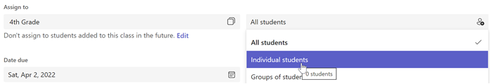 لقطة شاشة لإنشاء الواجبات وتحديد تعيين إلى: الطلاب الفرديين