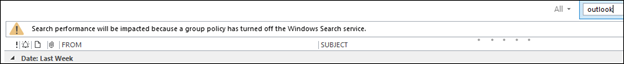 لقطة شاشة لرسالة الخطأ، "سيتأثر أداء البحث لأن نهج المجموعة أوقف تشغيل خدمة البحث Windows."