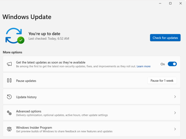 لقطة شاشة > Windows Update الإعدادات.