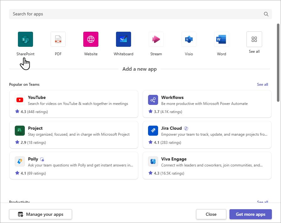 مربع الحوار "إضافة علامة تبويب SharePoint".