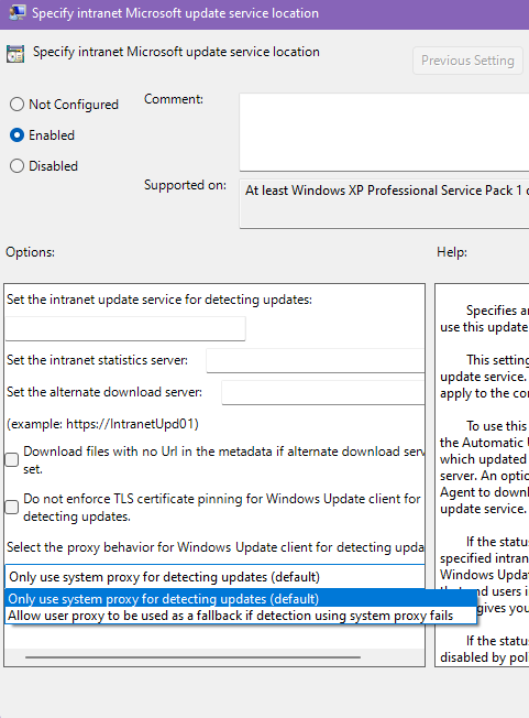 Екранна снимка на интерфейса "Задаване на местоположение на услугата за актуализиране на Microsoft в интранет"
