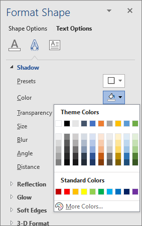 Избор на цветове за сянка на WordArt