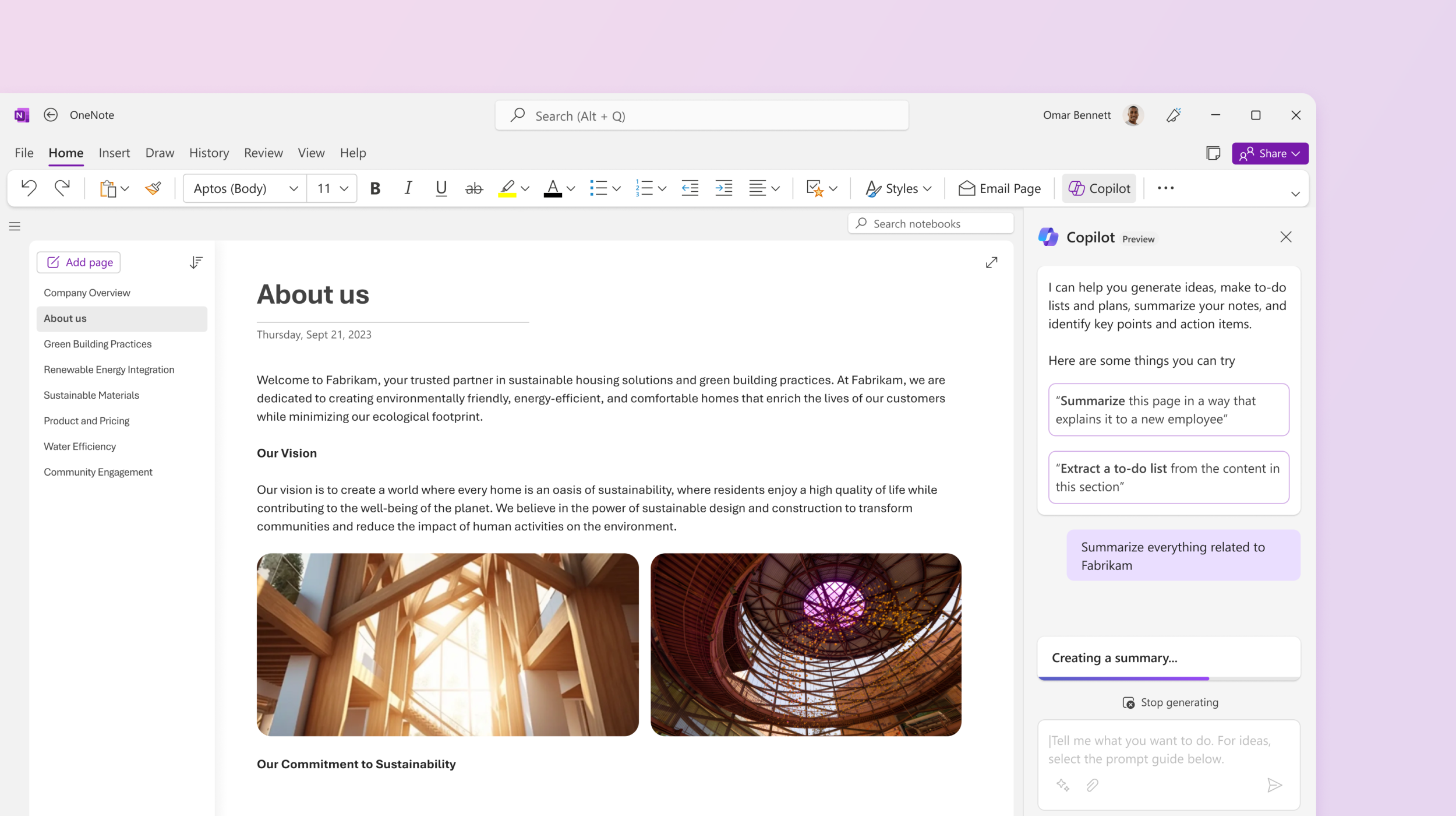 Екранна снимка показва Copilot в OneNote, обобщаващ бележката.