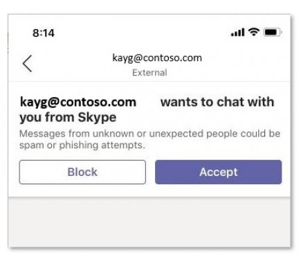 Мобилна версия на покана от потребител на Skype за Microsoft Teams