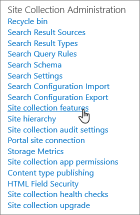 Опцията "Функции на колекцията от сайтове" в SharePoint на сайта