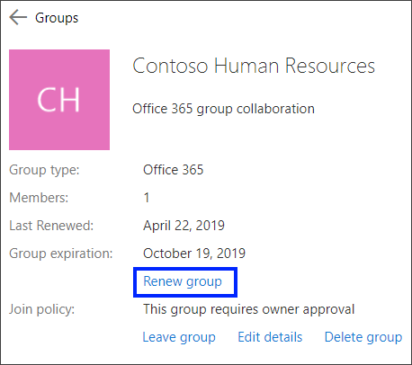 Подновяване на Office 365 група, като се удължава датата на изтичане на срока