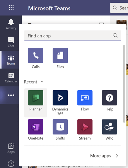 Екранна снимка на менюто "Добавяне и приложение" в Teams с осветен Planner
