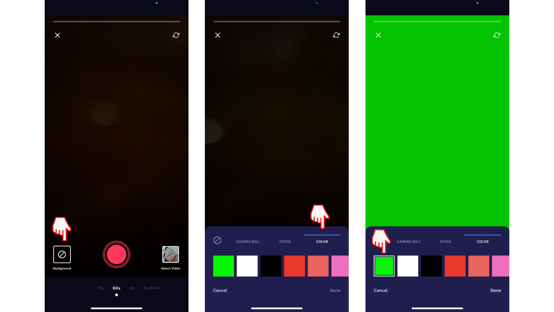 Потребител докосва ефекта на зелен екран в приложението Clipchamp за iOS