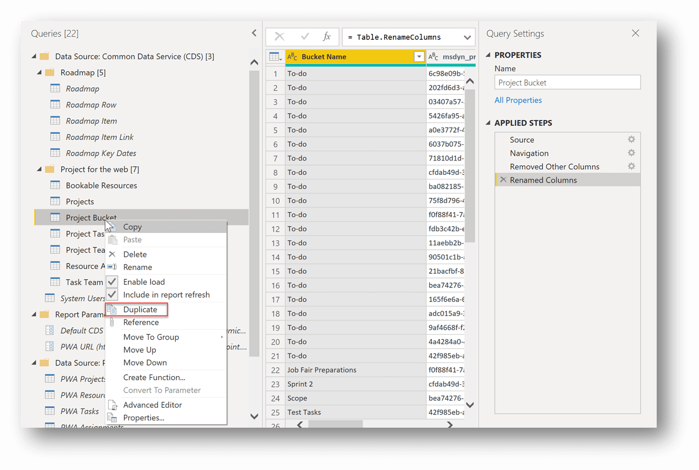 Прозорецът редактор на заявки с Project и дублиране, избрани в екрана Заявки. Project Кофата се показва в полето Име под PROPERTIES. Списъкът Преименувани колони е осветен в екрана ПРИЛОЖЕНИ СТЪПКИ. 