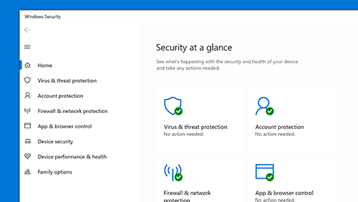 Начална страница на Защита в Windows