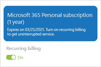 Показва абонамент за Microsoft 365 Personal с включено повтарящо се фактуриране.