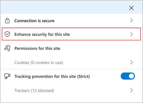 Менюто за информация за сайта Microsoft Edge, показващо функцията "Подобряване на защитата за този сайт". 