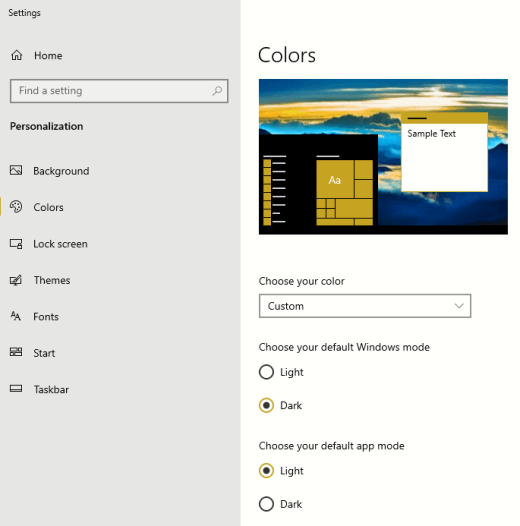 Опциите по подразбиране за режими на цветове за Windows и приложения.