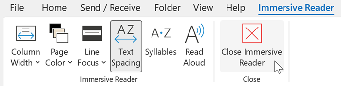 Инструмент за концентриран четец в Outlook с курсор, посочващ над "затвори"