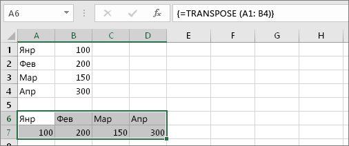 Резултат от формулата с клетките А1: B4, транспонирани в клетки A6:D7