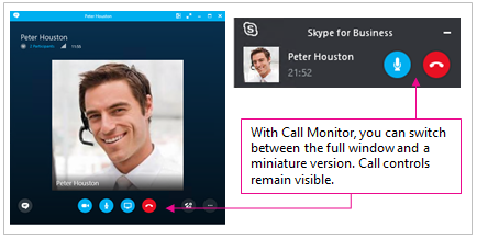Екранни снимки на целия прозорец на Skype за бизнеса и на намален прозорец