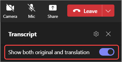 Екранна снимка на "Покажи оригиналната и преведената транскрипция"