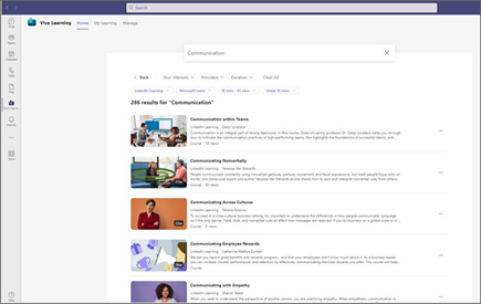 Екранна снимка на Viva Learning осветяване на филтрите при търсене на съдържание, което се появява под лентата за търсене.
