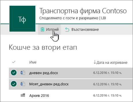 Кошче на второ ниво на SharePoint Online с осветен бутон за изтриване