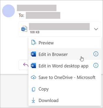 Екранна снимка, показваща падащото меню за прикачени файлове с избрана опция "Редактиране в браузъра"