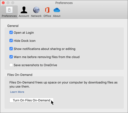 Екранна снимка на "Предпочитания" в Mac for OneDrive "Файлове при поискване"