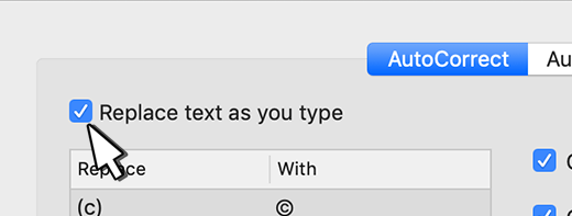 Квадратче за отметка за заместване на текст в Outlook for Mac при въвеждане