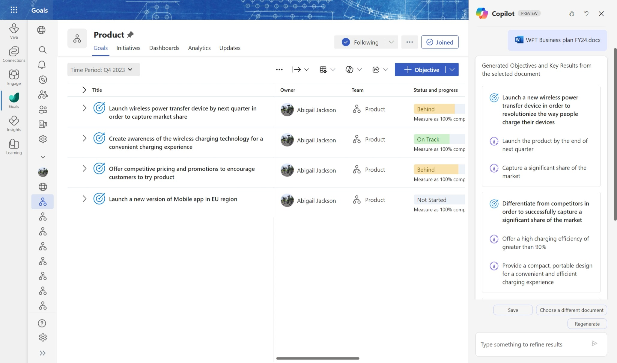 Екранна снимка, която показва изглед на OKR на екипа за продукта с Copilot, предлагащ OKR въз основа на стратегическия документ, предоставен от дясната страна.